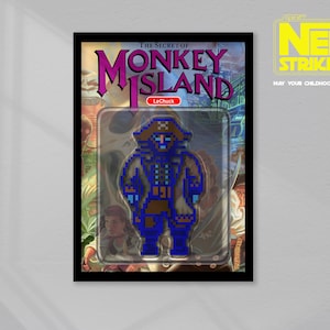 May include: A framed action figure of LeChuck from "The Secret of Monkey Island" video game. The figure is pixelated and blue, with a brown coat and hat. The packaging features the game's logo and the text "The Nerds Strike Back."