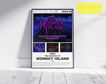 Puede incluir: Un póster enmarcado del videojuego "The Secret of Monkey Island". El póster presenta arte pixelado de una escena nocturna con una montaña y el título del juego en letras moradas grandes. El póster incluye el texto "Created and Designed by Ron Gilbert."
