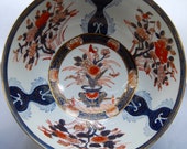 Large footed Japanese Imari Bowl Blue Coral 10 quot Gold Trim