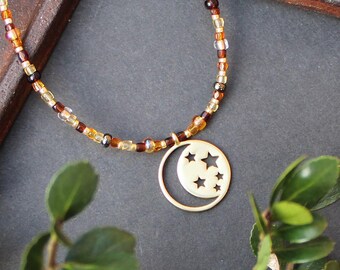 Gold Celestial Necklace, Moon & Stars Pendant on Warm Eclectic Honey Glass Seed Beaded Chain
