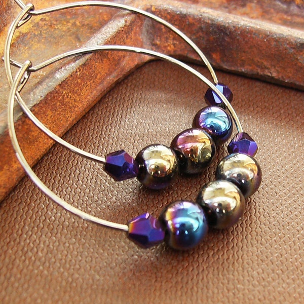 Iridescent Purple Hoop Earrings, Peacock Glass Beaded Modern Gunmetal Metallic Hoops, Urban Chic Jewelry, Colorful Gifts for Her