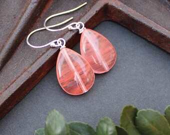 Cherry Quartz & Sterling Silver Earrings, Pink Teardrop Stone Dangles