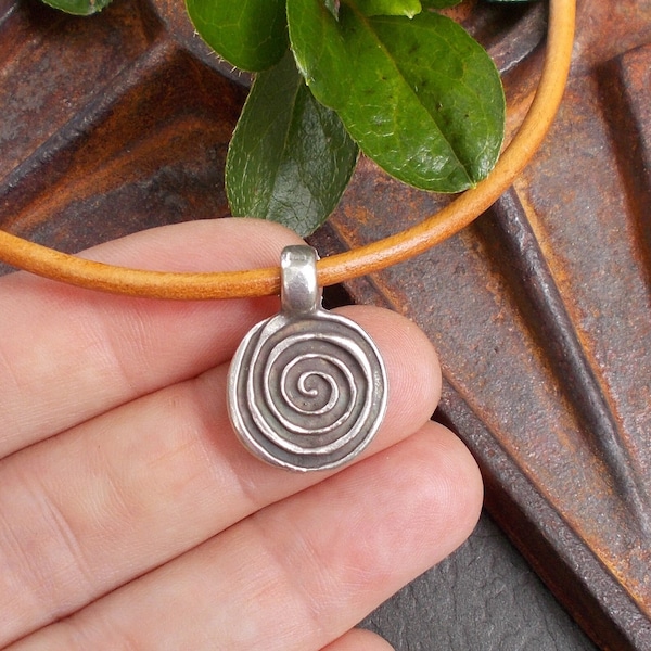 Spiral Pendant Necklace, Greek Silver Pewter Round Charm on Leather Cord, Custom Unisex Casual Jewelry, Spiritual Swirl Symbol, Gifts