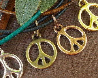 Small Peace Sign Pendant on Leather Cord, Brass or Copper Charm, Custom Length & Color Necklace, Unisex Symbol Jewelry Gifts