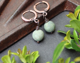 Matte Peruvian Opal Green Stone Earrings, Copper Lever Back Hugger Wires