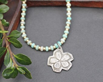 Amazonite Stone Necklace, Silver Pewter Flower Pendant, Mixed Metal Jewelry