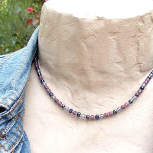 Mauve & Blue Czech Glass Seed Bead Necklace: Silver Layering Jewelry