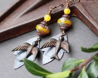Rustic Copper Bird Charm & Yellow Czech Glass Earrings on Niobium Wires