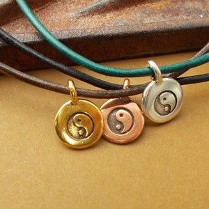 Yin Yang Pendant on Leather Cord, Silver, Gold or Copper Charm, Custom Length & Color Necklace or Choker, Spiritual Jewelry, Unisex Gifts