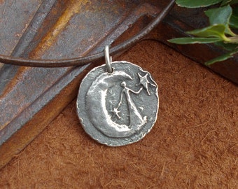 Rustic Pewter Celestial Pendant: Moon, Stars & Goddess - Custom Leather Cord