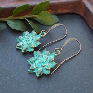 Turquoise Flower Earrings, Rustic Brass Patina Woodland Dahlia Dangles, Casual Botanical Drops, Blue Green Nature Jewelry, Gifts for Her