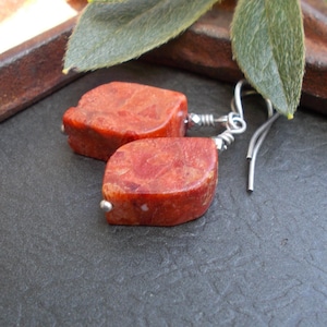 Coral & Silver Earrings, Unique Red Orange Sponge Coral Stones with Hematite