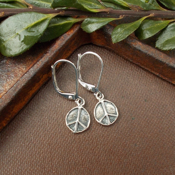 Tiny Rustic Peace Sign Earrings, Oxidized Sterling Silver Minimalist Statement Jewelry, Dainty Artisan Hippie Lever Back Earrings, Cool Gift