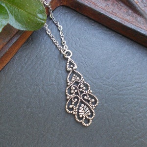 Art Deco Style Silver Pendant Necklace, Ornate Teardrop Pendant on Custom Length Chain, Layering Jewelry, Boho Gifts for Her