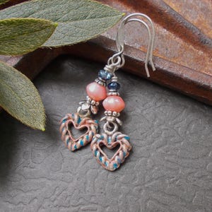 Artisan Heart Earrings with Handpainted Charms & Coral Stones, One of a Kind Pink Blue and Silver Rustic Unique Handmade Dangles, Gift