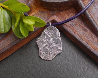 Rustic Flower Necklace, Silver Hand Cast Pewter Pendant on Custom Leather Cord