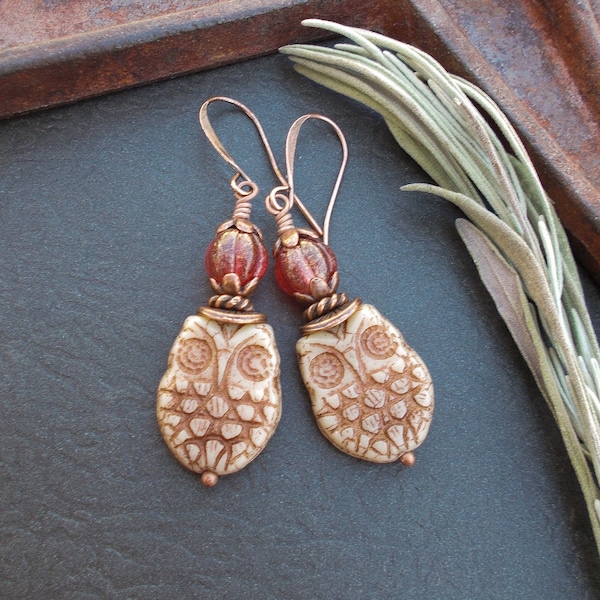 Rustic Owl Earrings, Whimsical Czech Glass & Copper Woodland Dangles, Funky Boho Nature Inspired Jewelry, Cute Bird Lover Gifts for Her