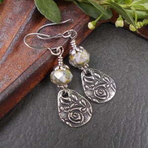 Silver & Gray Floral Earrings, Czech Glass and Rustic Woodland Charm Dangle Earrings, Unique Jewelry Gifts for Her, Gift for Friend