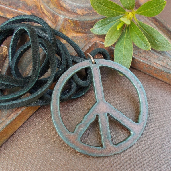 Last One - Peace Sign Pendant on Leather or Chain, Large Rustic Copper Statement Symbol Necklace, Unisex Southwestern Jewelry, Gifts for Him