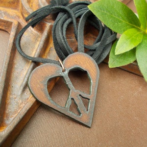 Heart Peace Sign Pendant on Leather or Chain, Large Rustic Copper Statement Symbol Necklace, Unisex Southwestern Jewelry, Gift for Friend