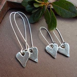 Modern Heart Earrings, Long Medium or Lever Back Rustic & Minimalist Silver Dangles on Kidney Ear Wires, Jewelry Gifts for Her