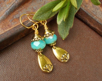 Unique Boho Dangles Long Gold Lotus Flower Charm Earrings with White Jade Stones /& Turquoise Czech Glass Rustic Zen OOAK Gift for Women