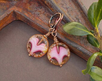 Unique Boho Dangles Long Gold Lotus Flower Charm Earrings with White Jade Stones /& Turquoise Czech Glass Rustic Zen OOAK Gift for Women