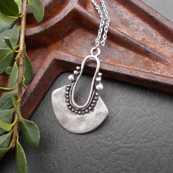 Large Silver Pendant Necklace, Bold Ornate Silver Pendant on Chain, Modern Deco Layering Jewelry, Gypsy Style Boho Gifts for Her