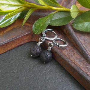Lava Rock Earrings, Antique Silver Lever Back & Black Stones, Earrings for Men