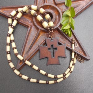 Bold Tribal Beaded Necklace with Rustic Cross Pendant, Coconut Wood with Brown Bronzite Stones & Copper, OOAK Unisex Jewelry Gifts for Him