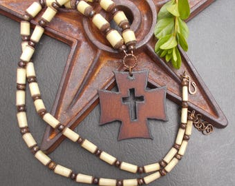 Tribal Beaded Necklace with Rustic Cross Pendant, Coconut Wood with Bronzite Stones & Copper