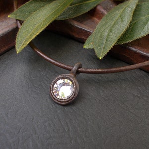 Rustic Brown Small Crystal Pendant on Custom Leather Cord, Swarovski Charm Necklace, Casual Boho Layering Jewelry, Gifts for Her