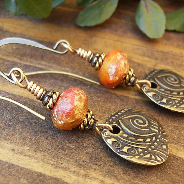 Orange Red Dangle Earrings, Brass Charm Earrings, Rustic Picasso Czech Glass and Gold Earrings, Long Bohemian Sunset Nature Earrings, Gift