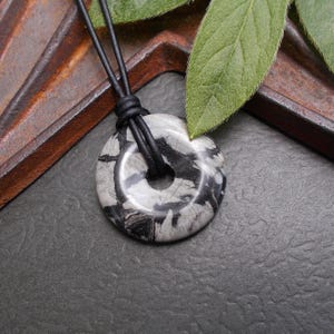 Black Silver Leaf Jasper Donut Pendant: Rustic Leather Cord Necklace