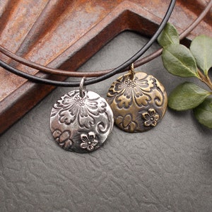 Custom Silver or Brass Rustic Flower & Leaf Pendant Necklace on Leather Cord, Casual Boho Woodland Jewelry,  Nature Lover Gifts for Her
