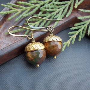 Earthy Jasper Stone Earrings, Unique Nature Inspired Acorn Dangles, Green & Brass Woodland Drops, Nature Lover Gifts for Her
