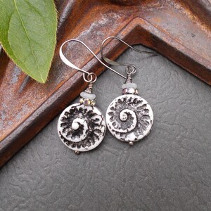 Black & White Earrings, Czech Glass Nautilus Coin Beads with Rhinestones and Gunmetal, Rustic Boho Nature Jewelry, Bold Beach Gifts for Her