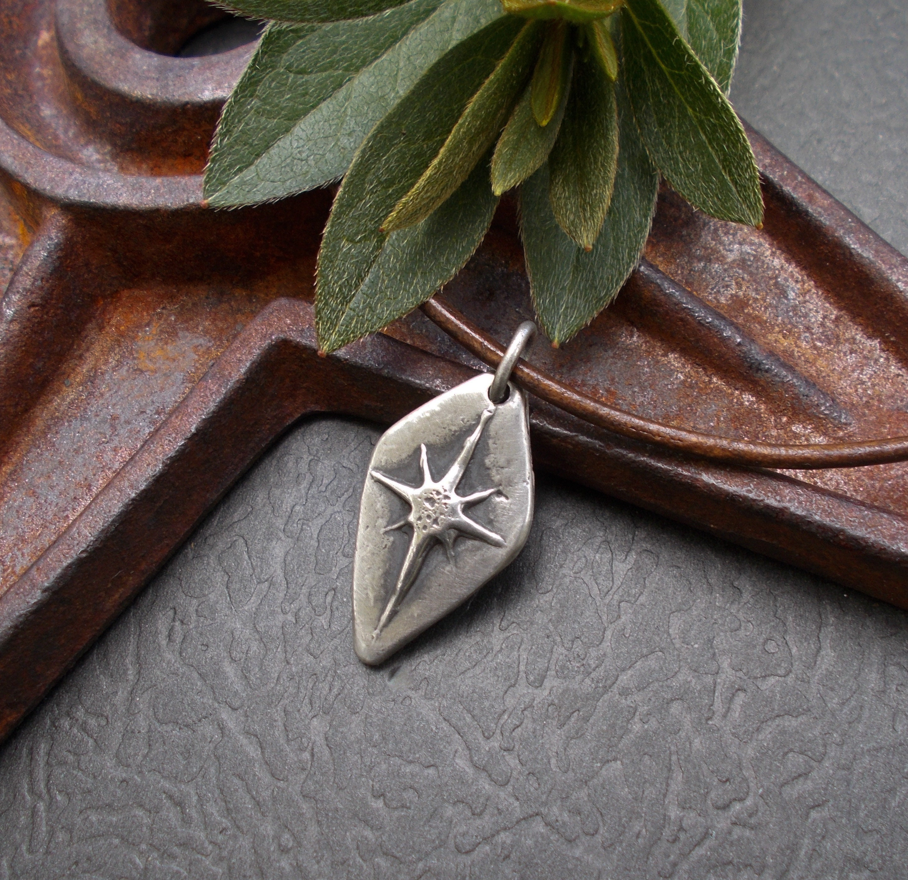Rustic North Star Necklace, Antiqued Silver Hand Cast Pewter Pendant on Custom Leather Cord, Unisex Jewelry Gifts For Traveler or Seeker