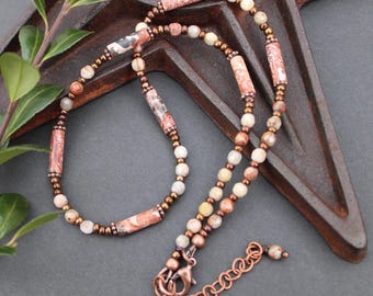 Leopard Skin Jasper Beaded Necklace, Rustic Copper Jewelry
