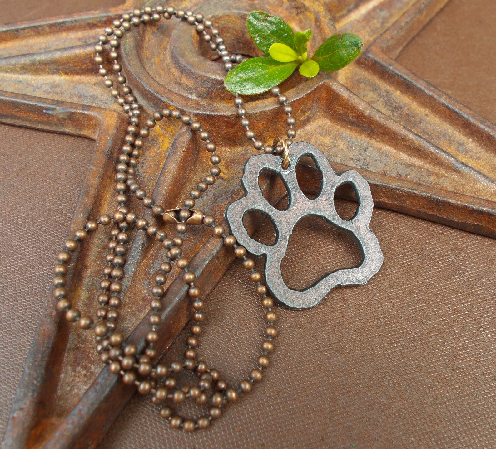 Paw Print Pendant on Leather or Chain Large Rustic Copper Etsy