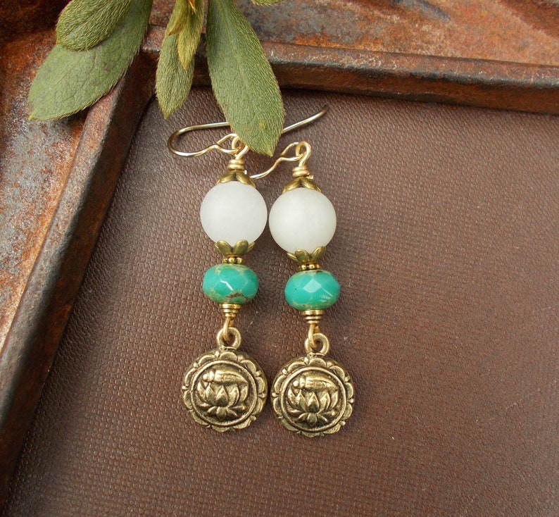 Unique Boho Dangles Long Gold Lotus Flower Charm Earrings with White Jade Stones /& Turquoise Czech Glass Rustic Zen OOAK Gift for Women