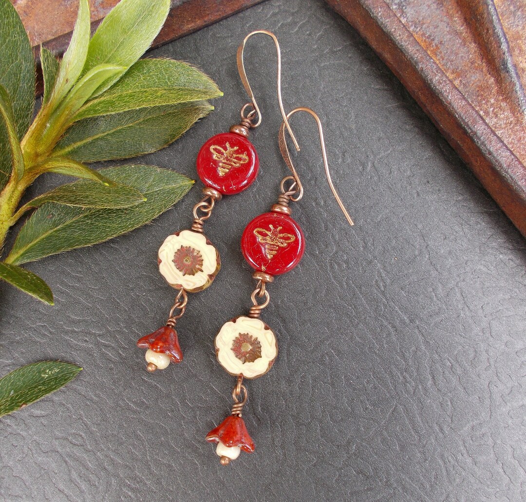 Colorful Flower Earrings Earthy Woodland Red Czech Glass & Etsy UK