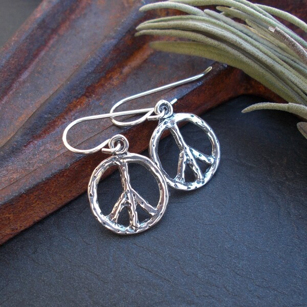 Small Sterling Silver Peace Sign Earrings, Rustic Oxidized & Textured Charms