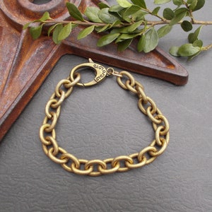 Chunky Etched Brass Chain Bracelet, Long Bracelet with Large Antiqued Lobster Clasp, Unique Boho Southwest Style, Unisex Gifts