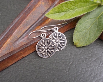 Antiqued Silver Sun Earrings, Small Rustic Celestial Dangles
