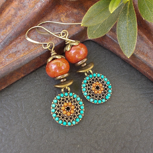 Unique Artisan Earrings, Colorful Turquoise and Orange Charms, Sponge Coral & Brass, Boho Gypsy Dangles, Rustic Indie Jewelry Gifts for Her