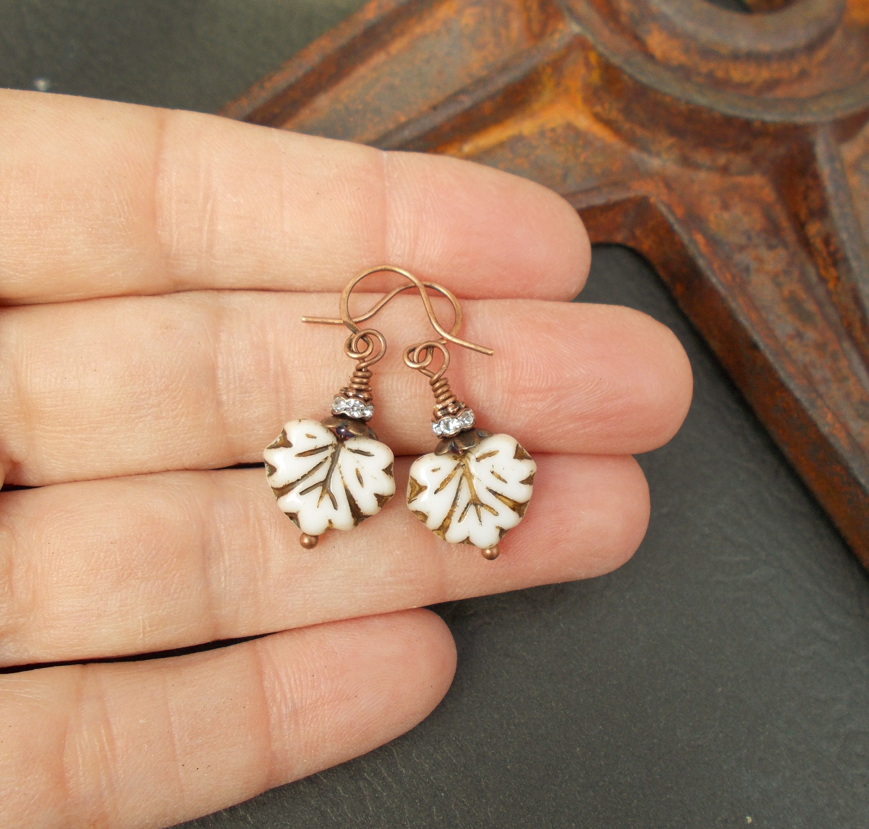 Small Leaf Earrings in White Glass & Copper Petite Versatile Etsy