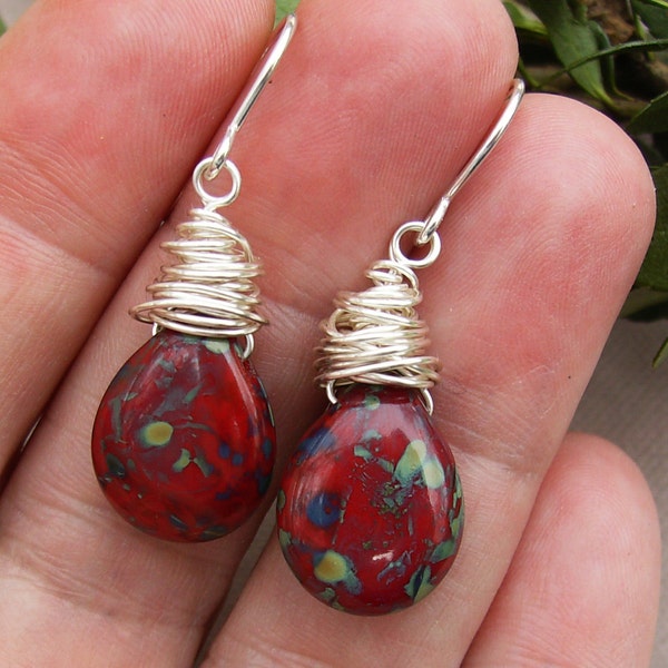 Red Teardrop Earrings, Picasso Czech Glass, Silver Wire Wrap, Organic, Bohemian, Boho Chic Jewelry, Summer Fashion, Trendy Earrings, Gift