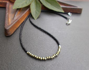 Minimalist Pyrite Necklace, Delicate Stone Sterling Silver & Seed Bead Chain, Modern Dainty Layering Adjustable Jewelry, Gifts for Her