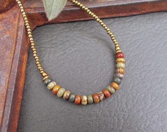 Red Creek Jasper Necklace: Dainty Bronze Seed Bead Chain, Earth Tone Jewelry